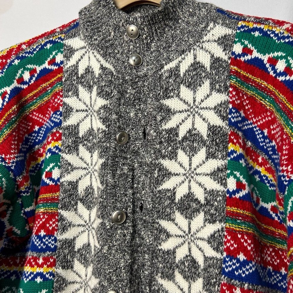Vintage Lizwear Fair Isle Snowflake Cardigan Sweater Multi Color Mock Neck L